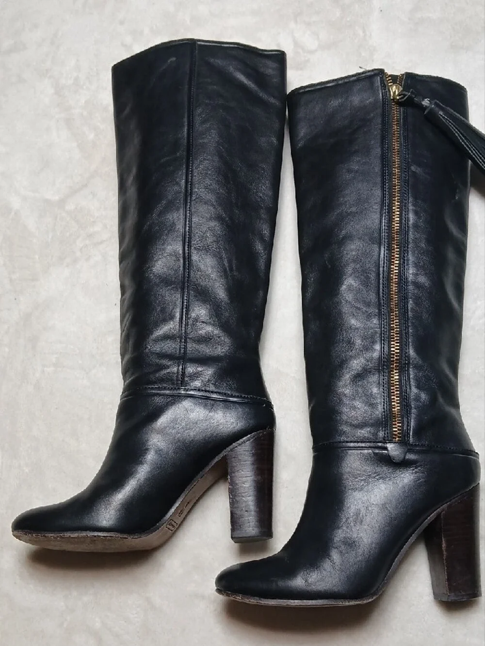 Coach Black Leather Mid-Calf Tassel Zip Boots Size 7.5